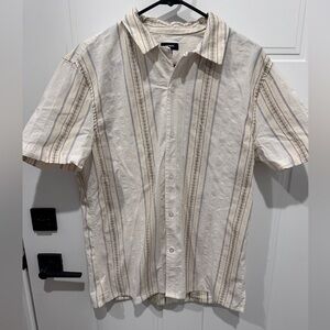 Express Men's Cream Striped Short Sleeve Button Down Shirt